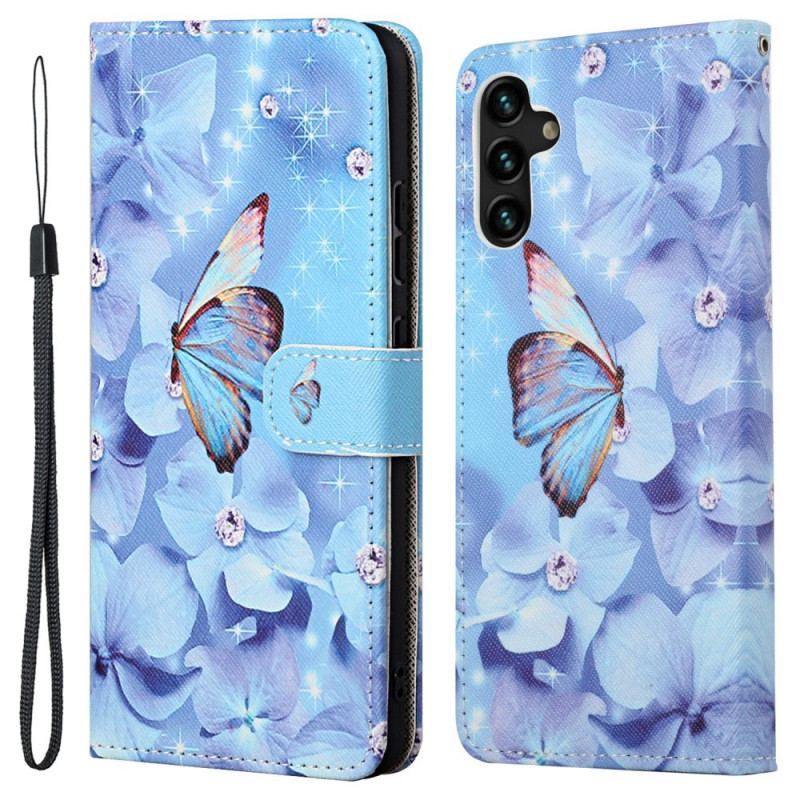 Læder Cover Samsung Galaxy A13 5G / A04s Med Snor Strappy Diamond Sommerfugle