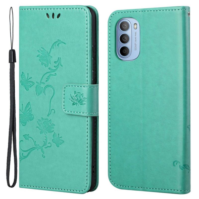 Flip Cover Moto G41 / G31 Med Snor Sommerfugle Og Blomsterrem