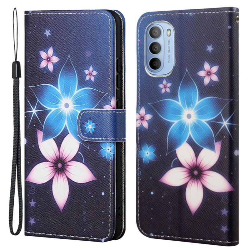 Læder Cover Moto G41 / G31 Med Snor Lunar Strap Blomster