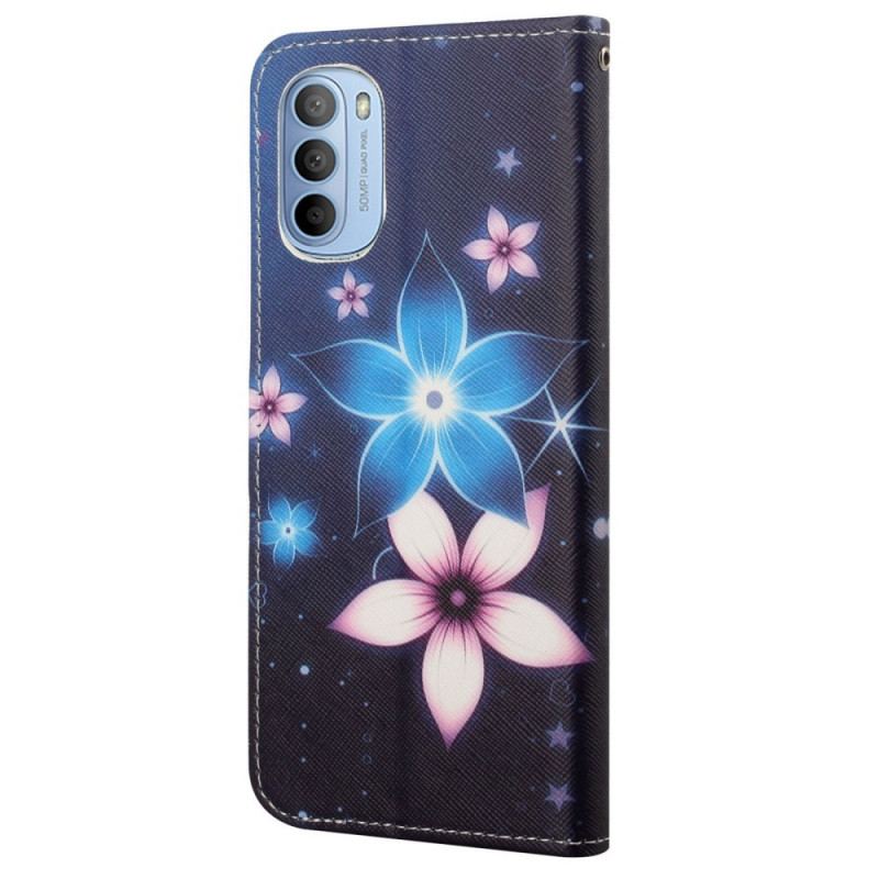 Læder Cover Moto G41 / G31 Med Snor Lunar Strap Blomster