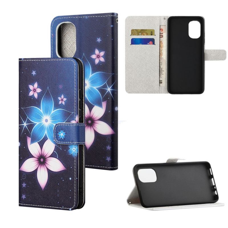 Læder Cover Moto G41 / G31 Med Snor Lunar Strap Blomster