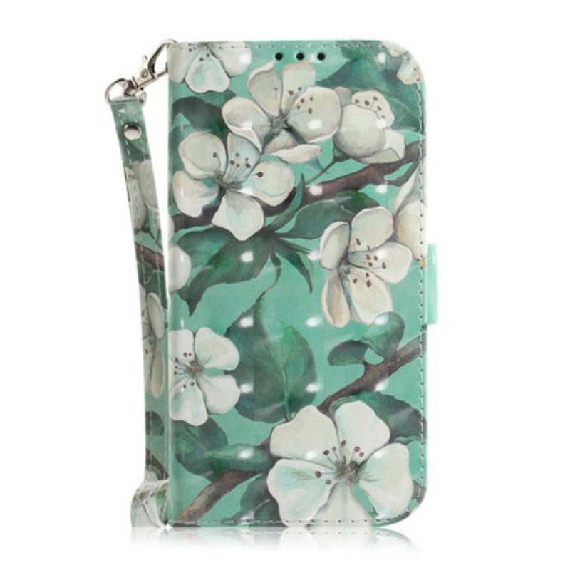 Læder Cover Samsung Galaxy A51 Med Snor Blomstrende Gren Med Rem