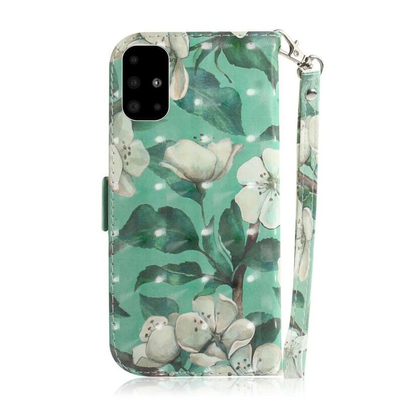 Læder Cover Samsung Galaxy A51 Med Snor Blomstrende Gren Med Rem