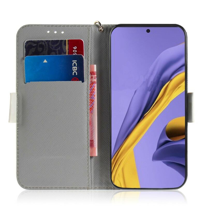 Læder Cover Samsung Galaxy A51 Med Snor Blomstrende Gren Med Rem