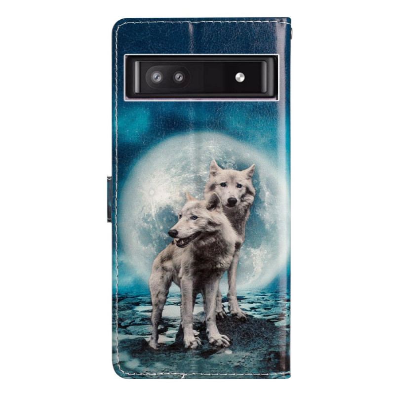 Flip Cover Google Pixel 7A Med Snor Fastspændte Moonlight Wolves