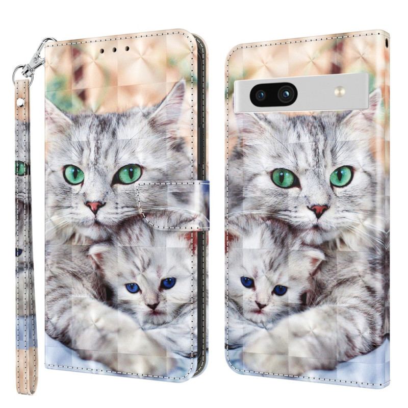 Læder Cover Google Pixel 7A Med Snor Strappy Cat Familie