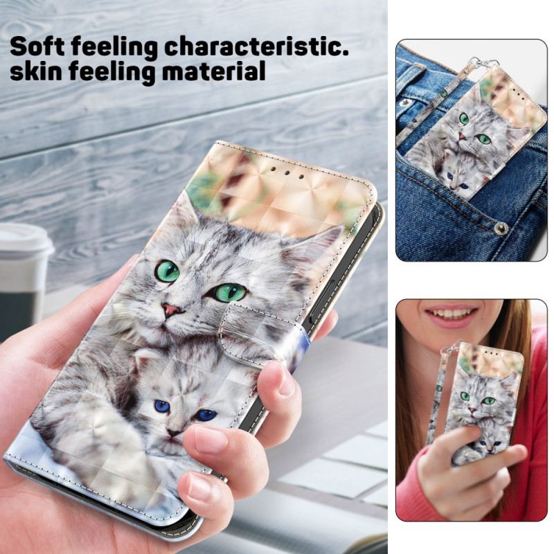 Læder Cover Google Pixel 7A Med Snor Strappy Cat Familie