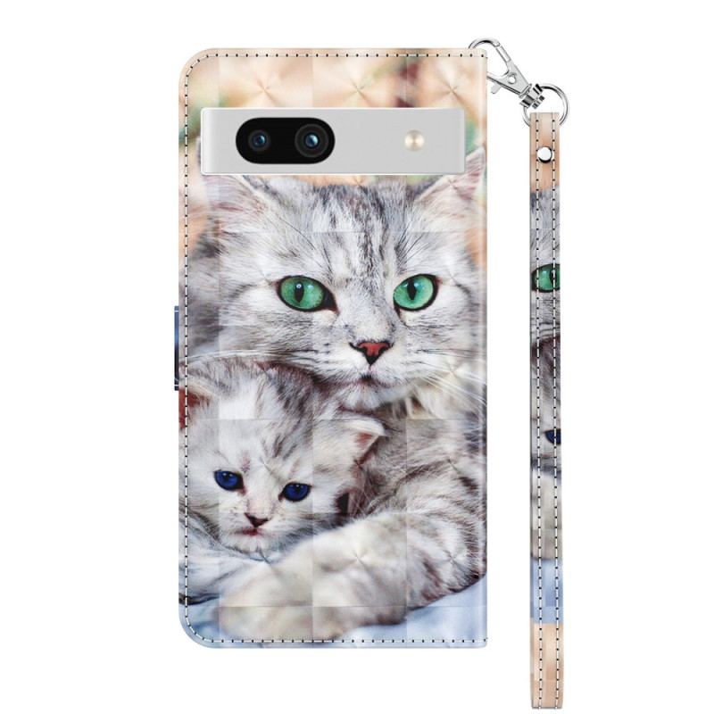 Læder Cover Google Pixel 7A Med Snor Strappy Cat Familie